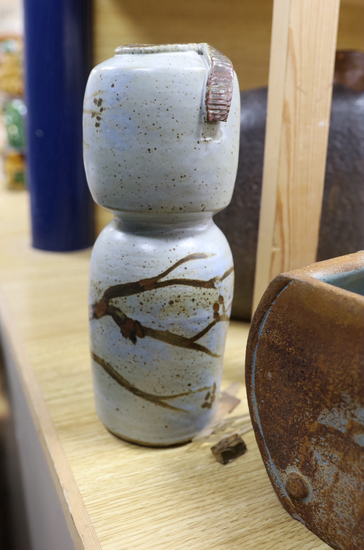 Ruth Sulke - a free form vase, together with a selection of Japanese studio pottery, etc. widest vase 35cms